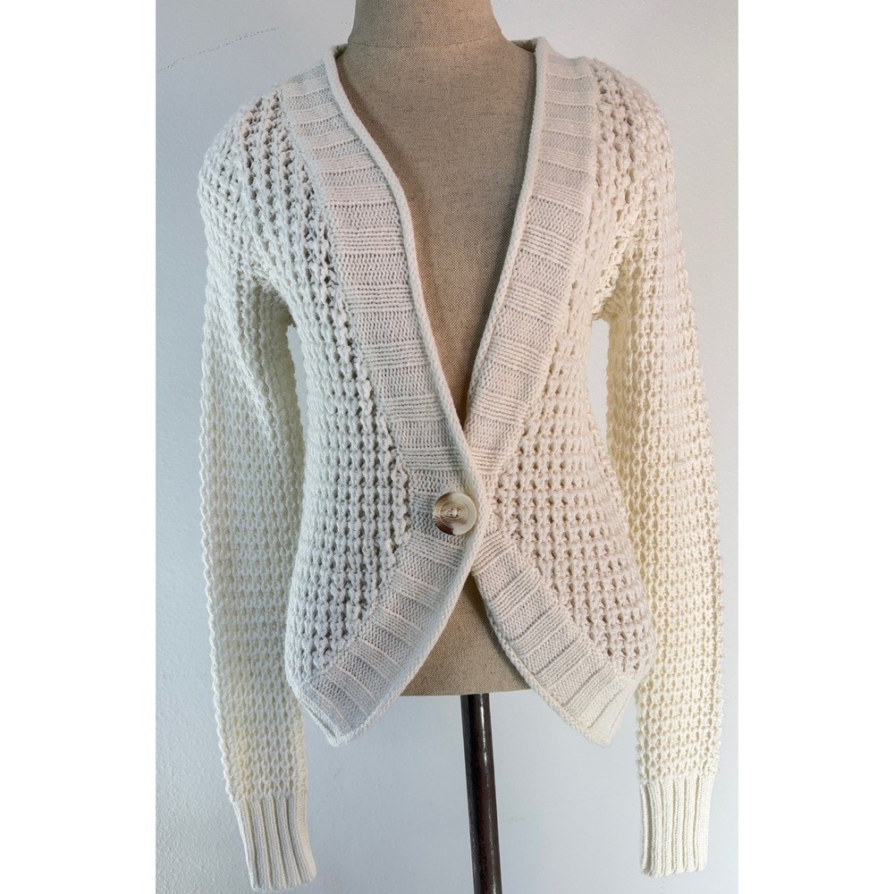 Y2K Arizona White Open Knit Cardigan Fisherman Nautical Prep Boho Cottage Medium